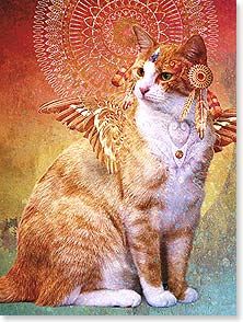 CAT WITH WINGS, FEATHERS, JEWELS, MANDALA