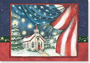 Church in snow American flag border