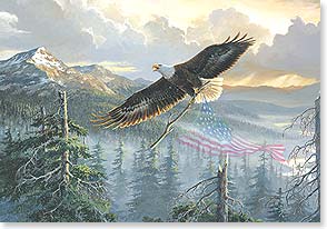 Eagle above mountain trees flag