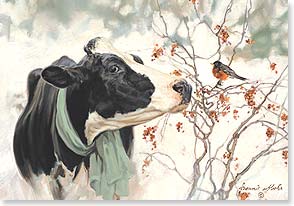 Cow wearing scarf looking at bird 