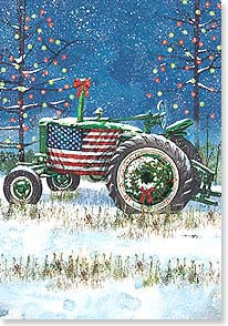 Vintage green tractor with American flag