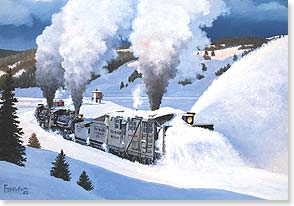 Snow plow train on mountain pass