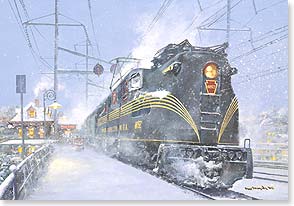 Engine and passenger train at snowy train station
