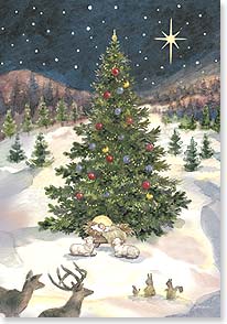 Wildlife gathered around baby Jesus under Christmas tree