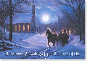 Couple in horse drawn sleigh by church at night