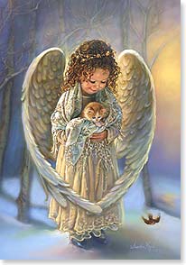 Angel girl holding kitten in snow
