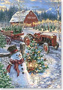 Tree farm winter scene with tractor and snowman