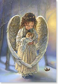 Little girl angel holding kitten