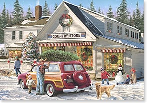 Red wood paneled station wagon at country store