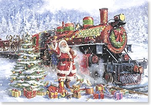 santa rings a bell at the side of a steam train decorated for christmas
