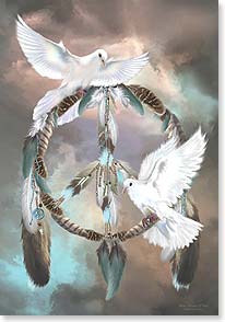 a dreamcatcher in the shape of a peace sign with two white doves 