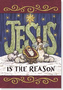 the word 'jesus' spelled out in wood behind a depiction of jesus in the manger