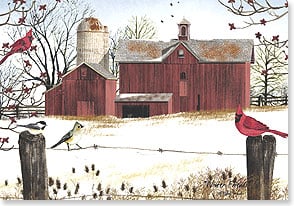 three songbirds sit on a wire fence and in a tree in front of a barn