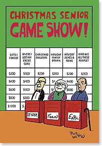 three cartoon senior citizens stand in front of a jeopardy board with funny categories