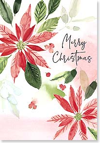 the words 'merry christmas' surrounded by poinsettias painted in watercolor