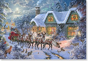 santa claus and his team of reindeer wait in the woods outside a cottage decorated for christmas