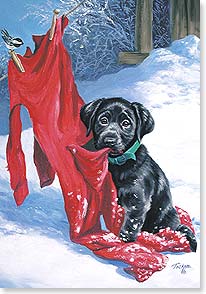 a guilty puppy chewing on red long-johns hanging from a clothesline