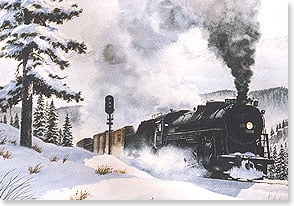 a large steam train passes by a signal in the middle of a snowy mountainscape