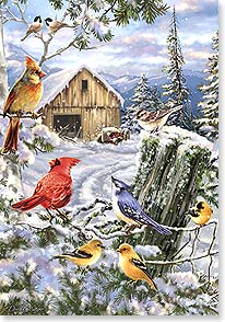 a group of songbirds sit on a fence and branches in front of a barn in the snowy mountains