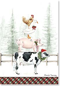 a rooster goose pig and cow stacked on top of each other in the snow