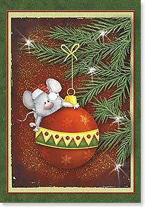 a cute mouse holds on tightly to an ornament hanging on a tree