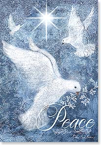 a flock of doves with one carrying an olive branch fly under a radiant star in the sky