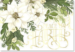 a cluster of white poinsettias above the words peace on earth