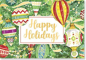 a bunch of brightly colored illustrated ornaments surround the words happy holidays