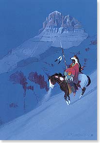 a horseback rider wearing a headdress rides down a snowy slope near a rock formation