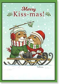 two cute critters sitting on a sled. one has mistletoe hanging from a stick over his head