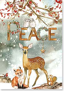 a deer and fox sit under the word peace constructed from wood planks and pieces of christmas wreaths