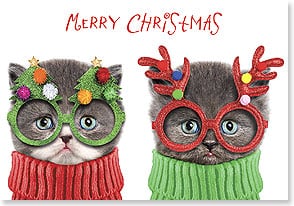 two cats in green and red sweaters wearing decorative holiday themed eyeglasses