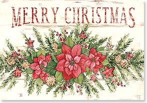 a garland with pinecones and poinsettia flowers below the words merry christmas