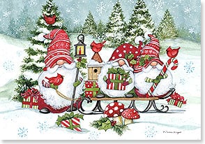three gnomes holding presents and christmas decorations sit on top of a sled