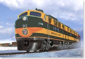 a green and yellow diesel freight train travels down the tracks on a snowy plain