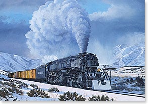 a steam train with a plow travels along a snowy track 