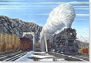 trains travel down the tracks across twin bridges in the snowy mountains of utah