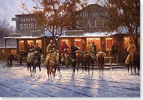 A bunch of cowboys on horseback gathered around outside a cafe in a snowy western town