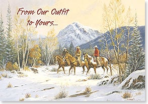 three cowboys ride horses through a snowy mountainous woodland