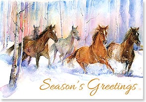 watercolor painting of horses running in snow