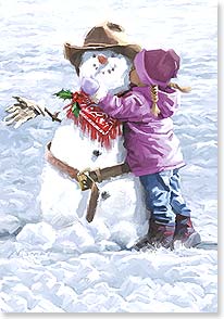 Young girl hugging a western snowman