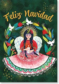 angel in traditional mexican dress with doves and flowers