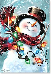 Smiling snowman wearing top hat, scarf and string of Christmas lights