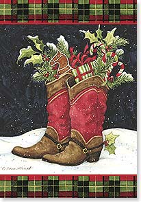 cowboy boots with gifts and garland stuffed in the top