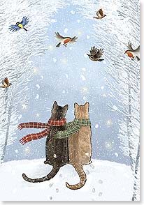 two cats in scarves watching birds fly