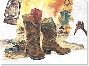 Cowboy boots in front of fire