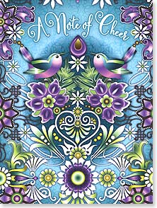 Purple, green, blue, and white floral design with two songbirds