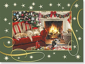 Dog and cat sleeping on sofa next to garland-decorated fireplace