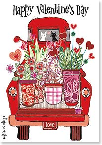 An illustration of a vintage red pickup truck carrying valentines floral arrangements in the bed