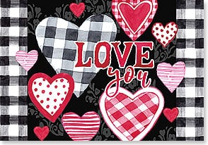 The words 'Love You' overlaid on a collage of checkered and patterned heart shapes